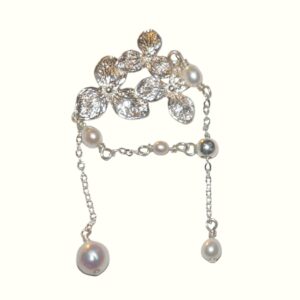 Sterling Silver Adjustable Rare Floral Elara Ring with Dancing Pearl & Chains