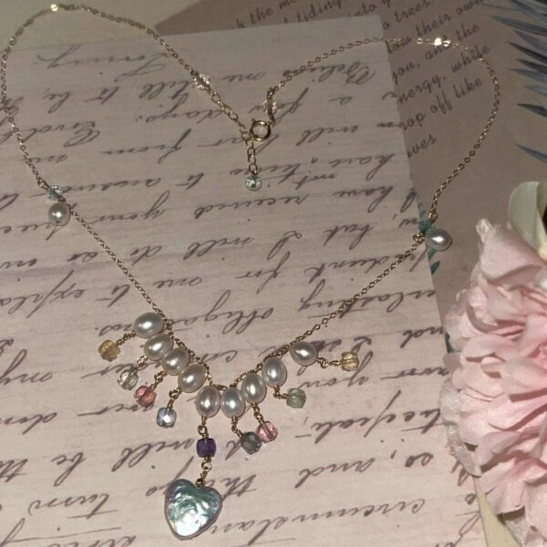14K Gold-Filled Dazzling Angel Heart Baroque Pearl Necklace with Fluorite Gemstones