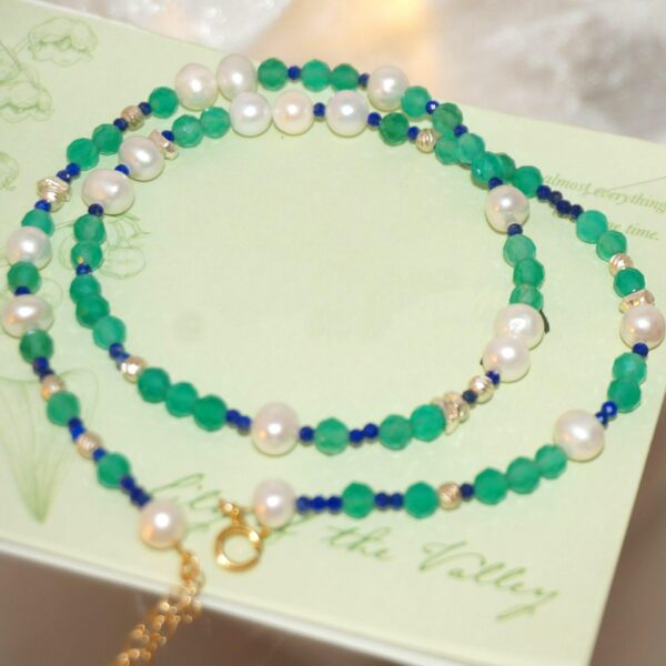 14K Gold-filled & Sterling Silver Luxurious Calming DEW Green Agate Necklace | Handcrafted Healing Jewelry with Pearl