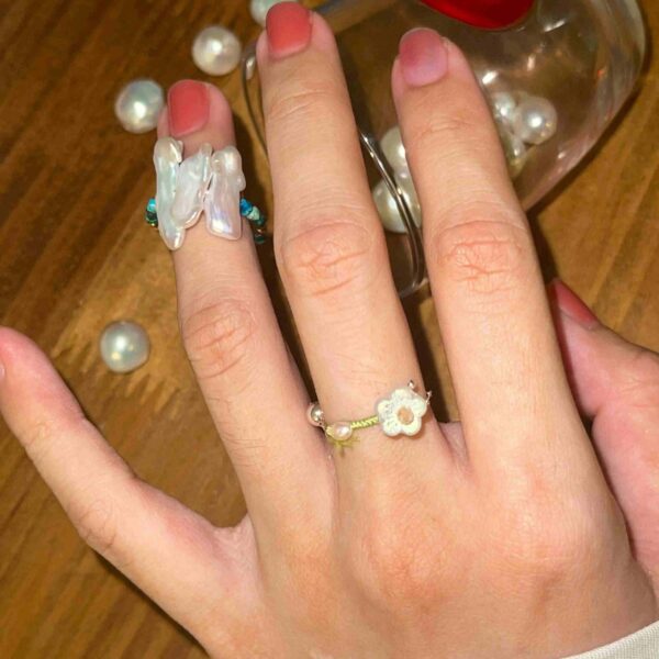 Sterling Silver EARLY MORNING Adjustable Ring with Swaying Flower & Pearls & Handwoven Threa