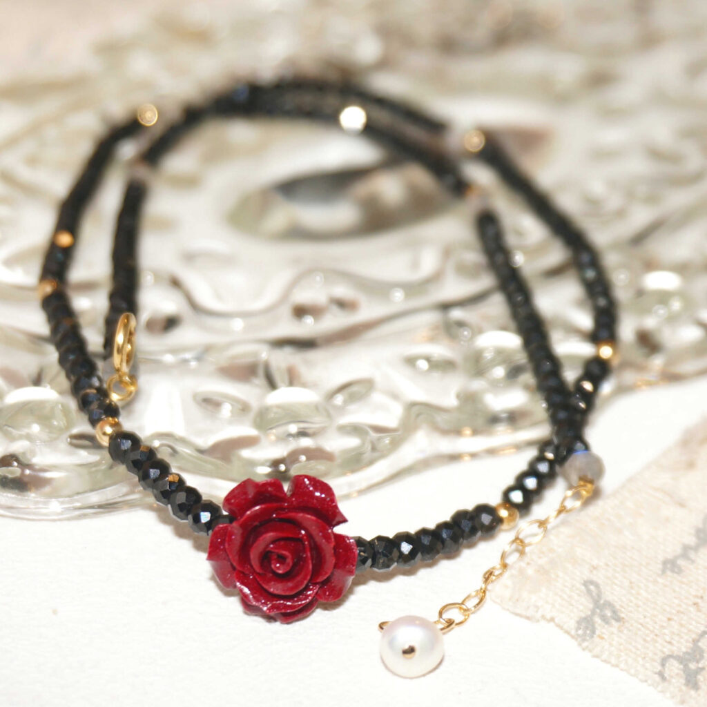 14K Gold-Filled Calming FLAME Talisman Necklace with Cinnabar Rose & Black Spinel
