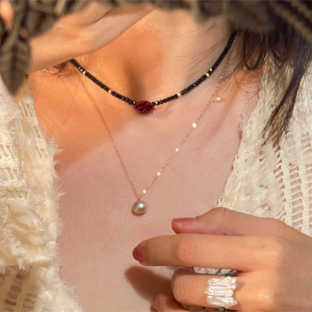 14K Gold-Filled Calming FLAME Talisman Necklace with Cinnabar Rose & Black Spinel