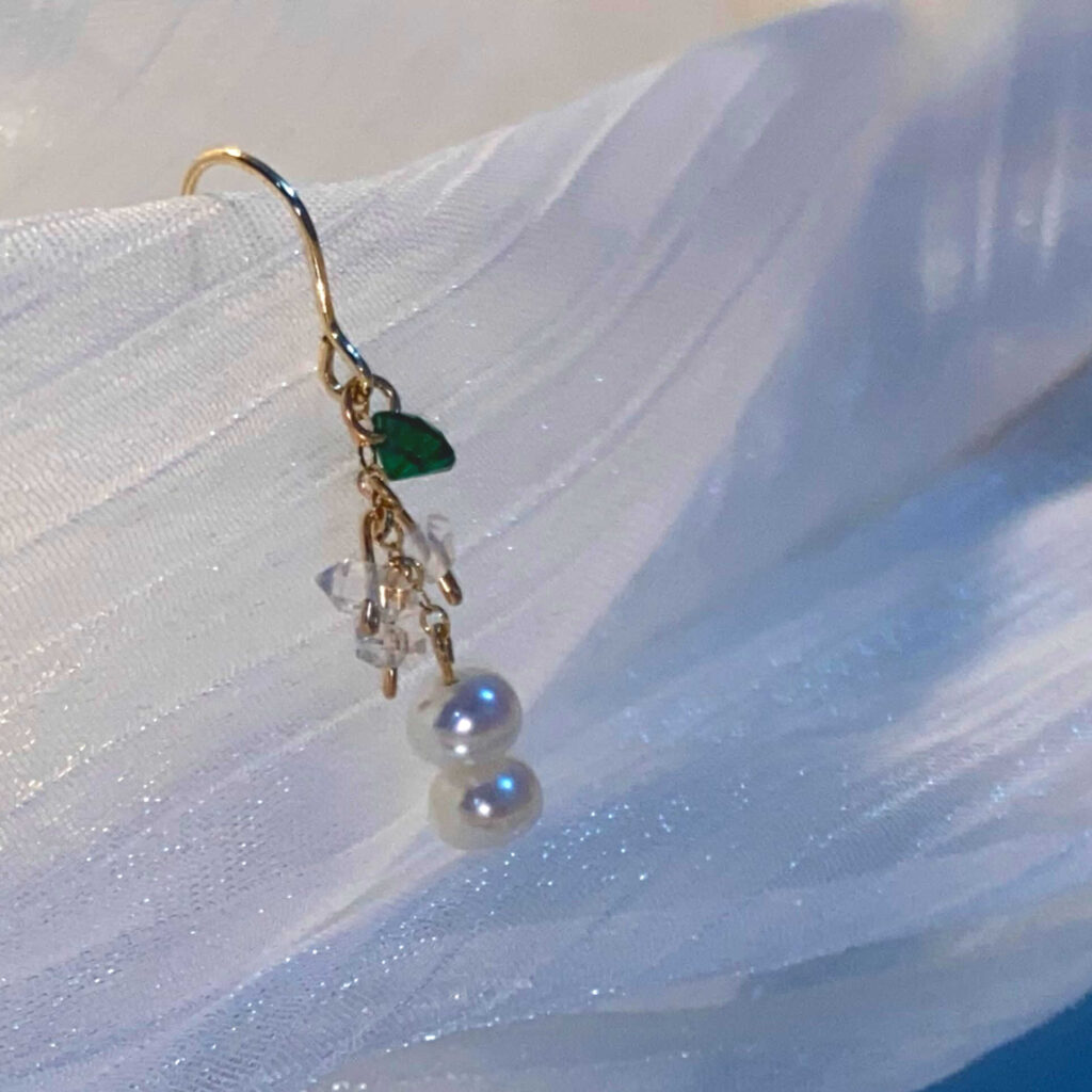 14K Gold-filled Healing BAMBOO Herkimer Diamond & Button Pearl Earrings