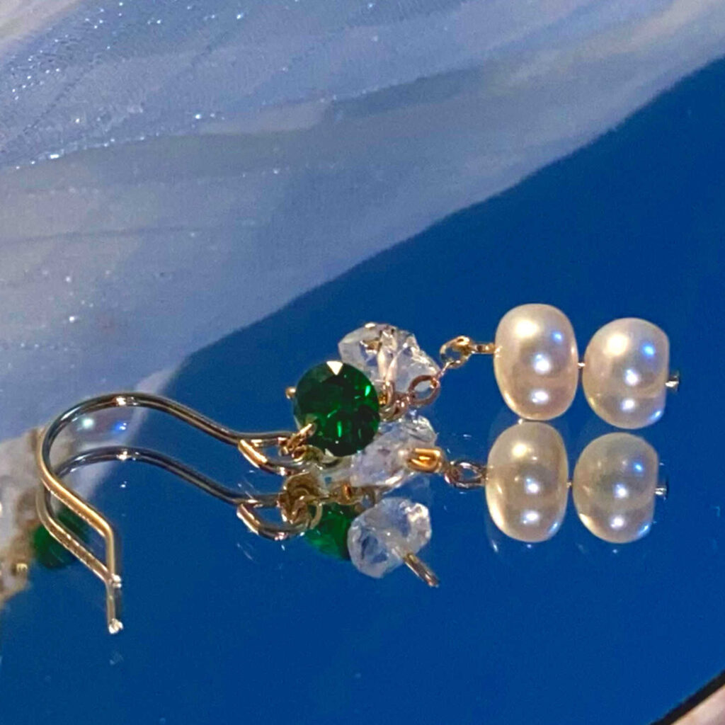 14K Gold-filled Healing BAMBOO Herkimer Diamond & Button Pearl Earrings