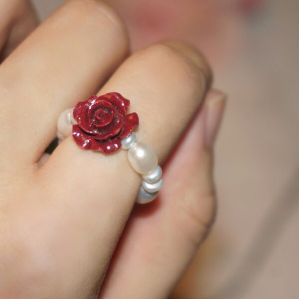 14K Gold-Filled Elegant Lunar Rose Ring | Pearl & Cinnabar Stretch Ring