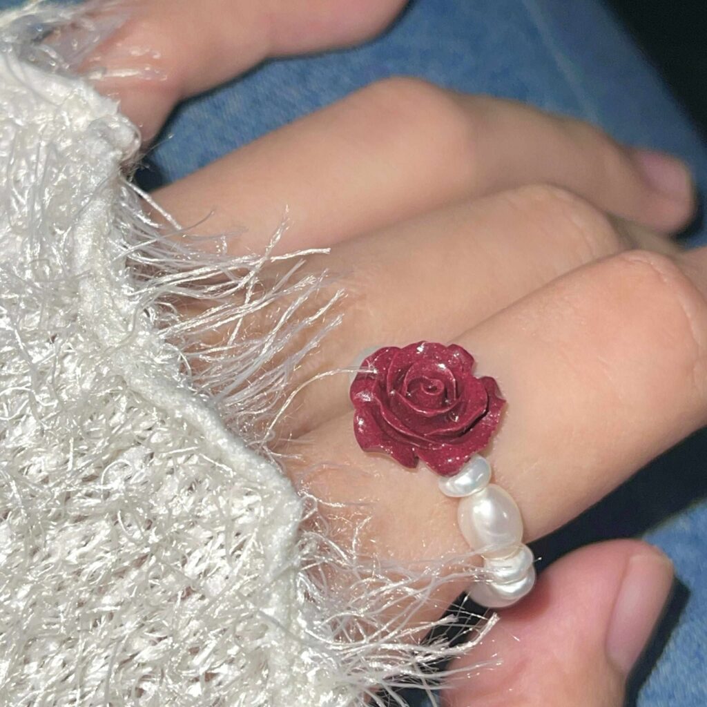 14K Gold-Filled Elegant Lunar Rose Ring | Pearl & Cinnabar Stretch Ring