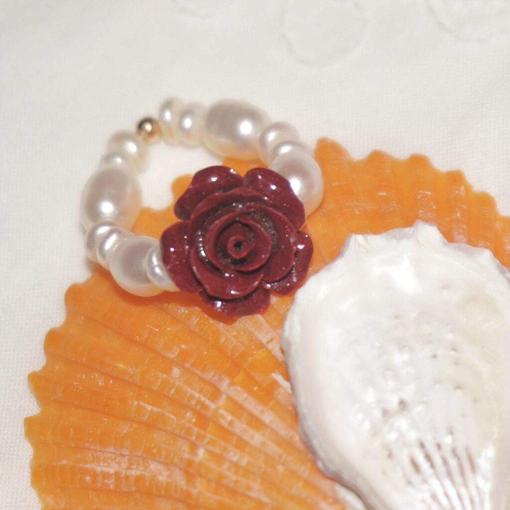 14K Gold-Filled Elegant Lunar Rose Ring | Pearl & Cinnabar Stretch Ring