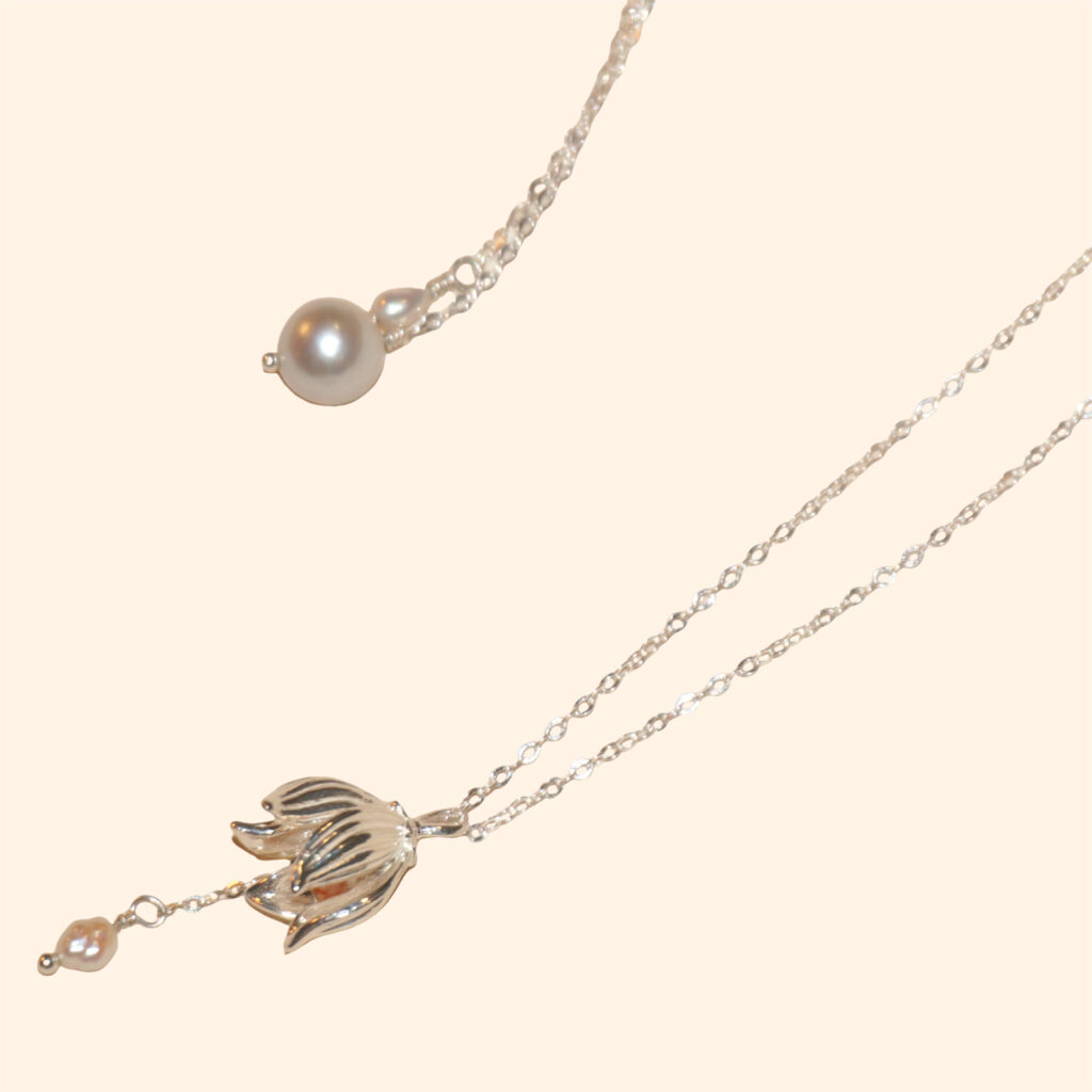Noctelia Pearl Sterling Silver Dainty Fleur de Lune Necklace with Adjustable Pearls and Flower Bud, Handmade Romantic Multiwear Jewelry for Women