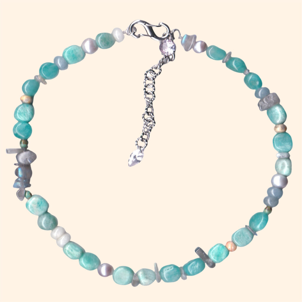 Noctelia Pearl Stainless Steel ICEBERG Necklace with Amazonite, Baroque Pearls and Zircon, Handmade Jewelry for Creativity and Healing