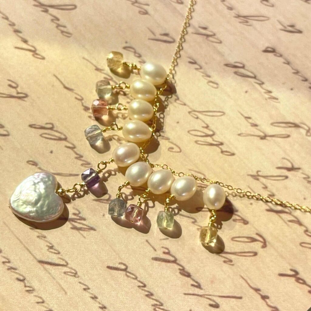 Noctelia Pearl 14K Gold-Filled Angel Heart Necklace with Baroque Pearls and Fluorite Gemstones, Handmade Dazzling Jewelry for Women