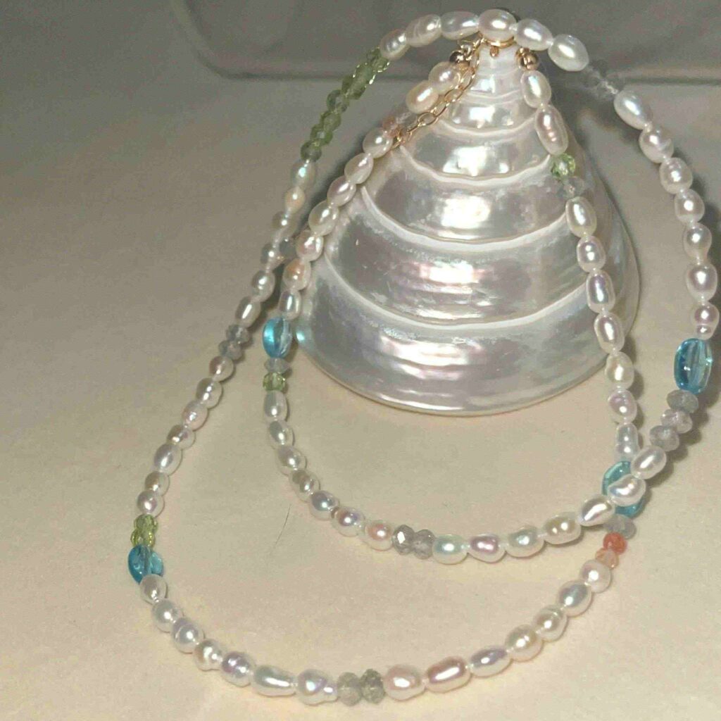 Noctelia Pearl 40+4CM AAA Grade Keshi Pearls and Blue Apatite Bubble Necklace, Handmade Elegant Everyday Jewelry for Women