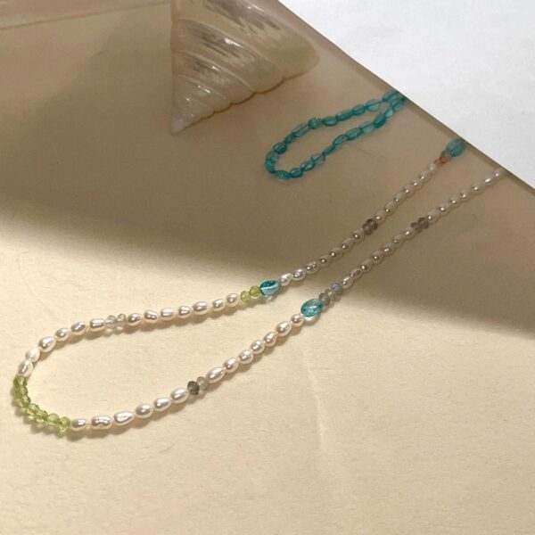 Noctelia Pearl 40+4CM AAA Grade Keshi Pearls and Blue Apatite Bubble Necklace, Handmade Elegant Everyday Jewelry for Women