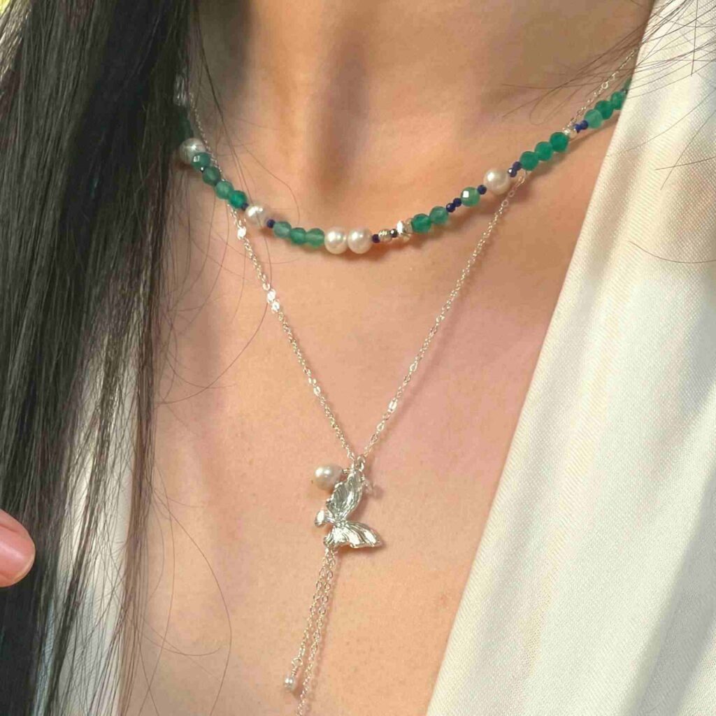 Noctelia Pearl 14K Gold-Filled and Sterling Silver DEW Necklace with Green Agate and Pearl, Handcrafted Calming Healing Jewelry for Women