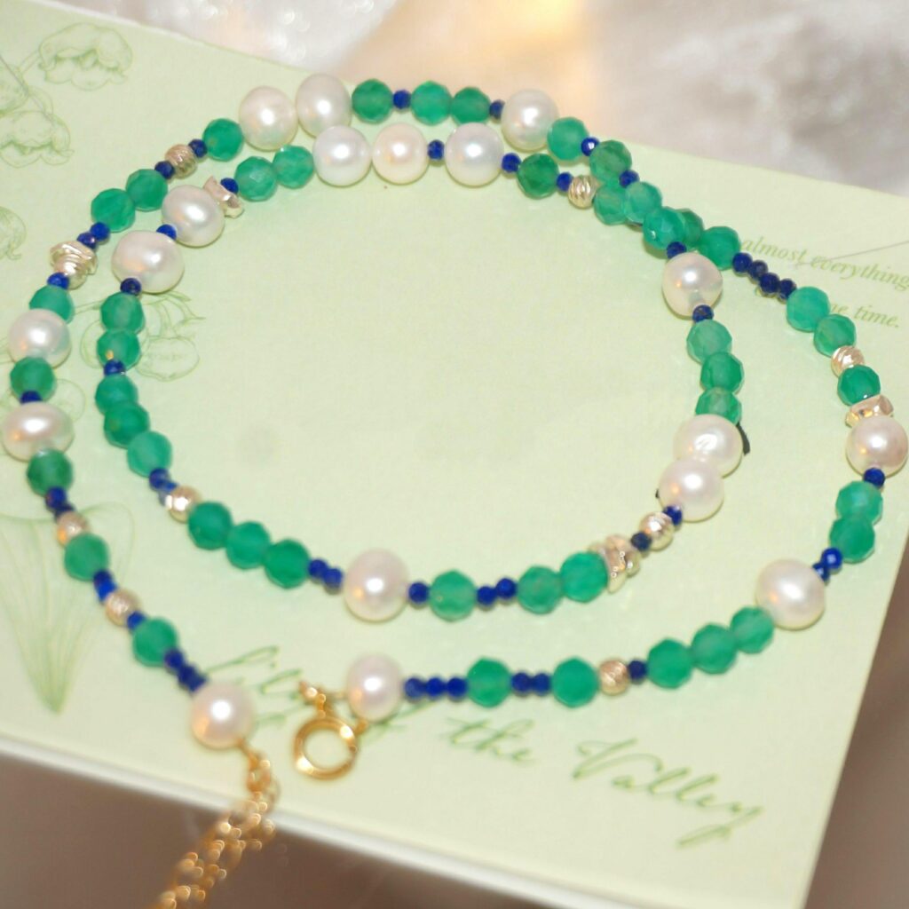 Noctelia Pearl 14K Gold-Filled and Sterling Silver DEW Necklace with Green Agate and Pearl, Handcrafted Calming Healing Jewelry for Women