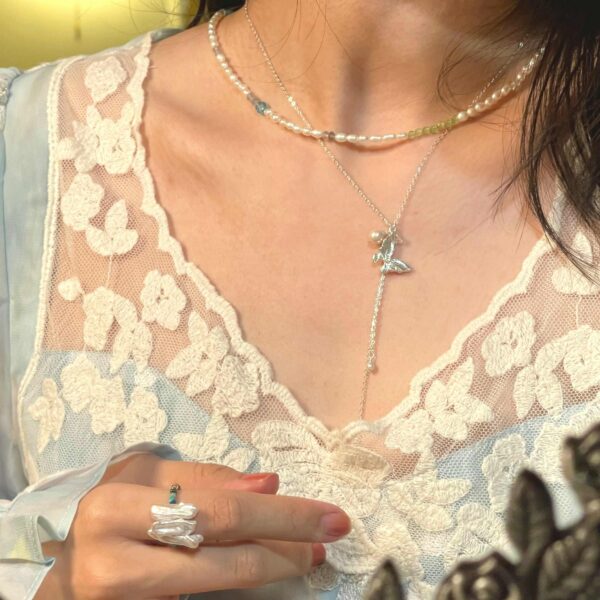 Noctelia Pearl Sterling Silver DREAMLAND Necklace with Dancing Butterfly and Pearl, Handmade Romantic Jewelry for Women