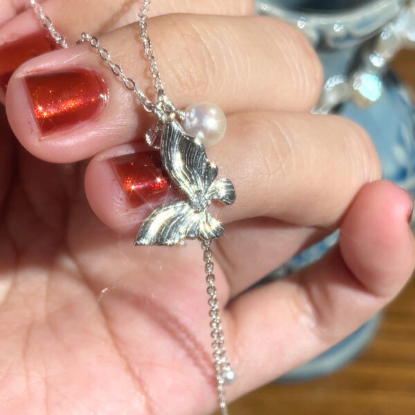 Noctelia Pearl Sterling Silver DREAMLAND Necklace with Dancing Butterfly and Pearl, Handmade Romantic Jewelry for Women
