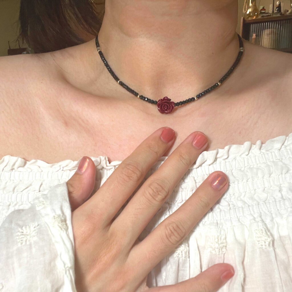 Noctelia Pearl 14K Gold-Filled Calming FLAME Talisman Necklace with Cinnabar Rose and Black Spinel, Handmade Jewelry for Women