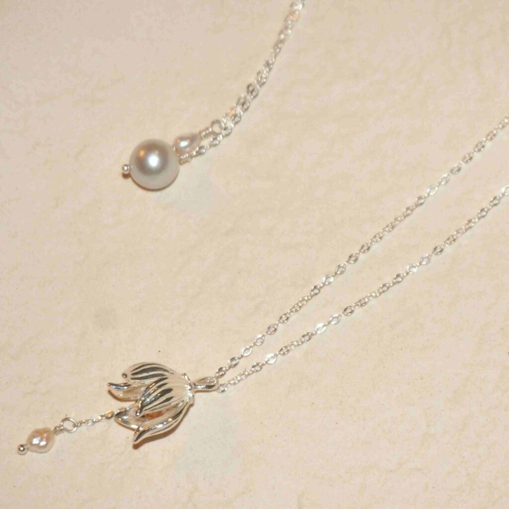 Noctelia Pearl Sterling Silver Dainty Fleur de Lune Necklace with Adjustable Pearls and Flower Bud, Handmade Romantic Multiwear Jewelry for Women