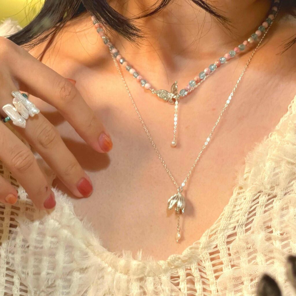 Noctelia Pearl Sterling Silver Dainty Fleur de Lune Necklace with Adjustable Pearls and Flower Bud, Handmade Romantic Multiwear Jewelry for Women