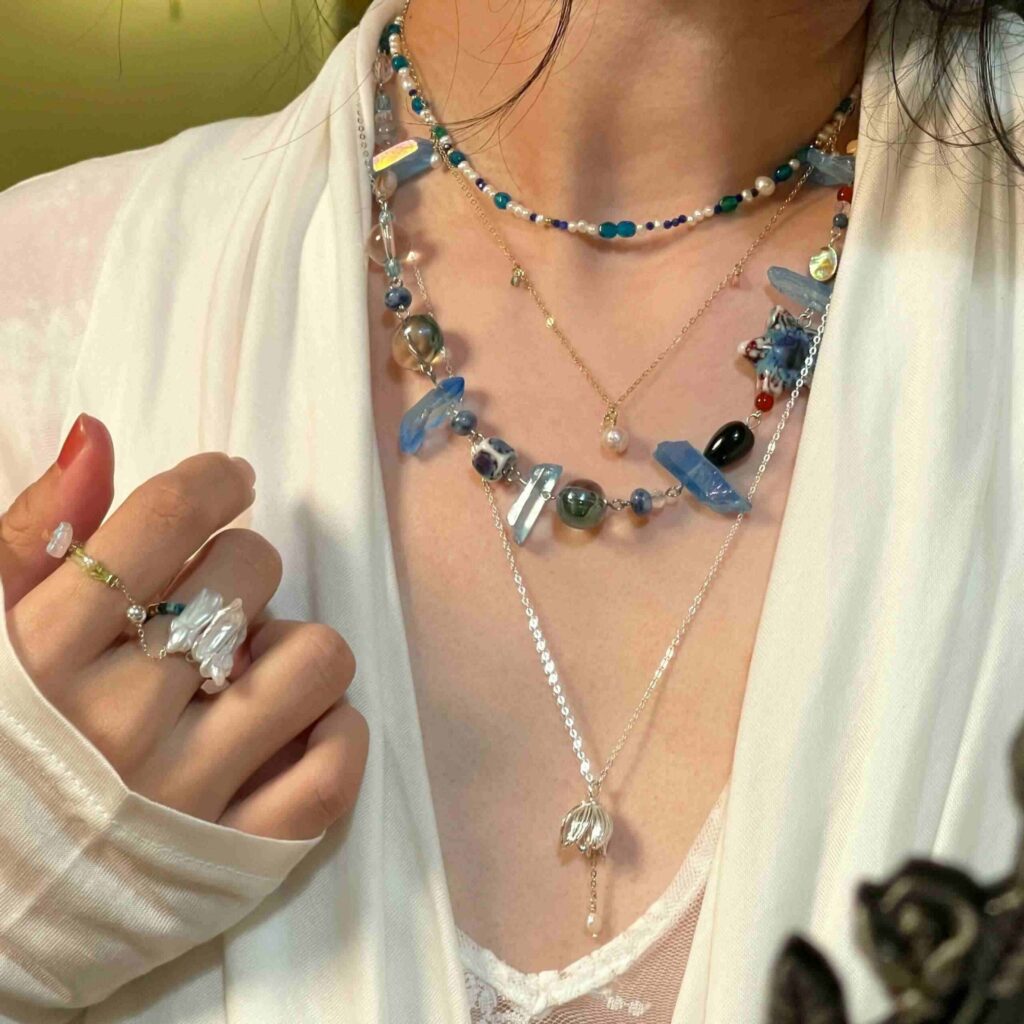 Noctelia Pearl Stainless Steel STAR OF THE SEA Necklace with Blue Beads and Star Charm, Handmade Ocean-Inspired Jewelry for Women