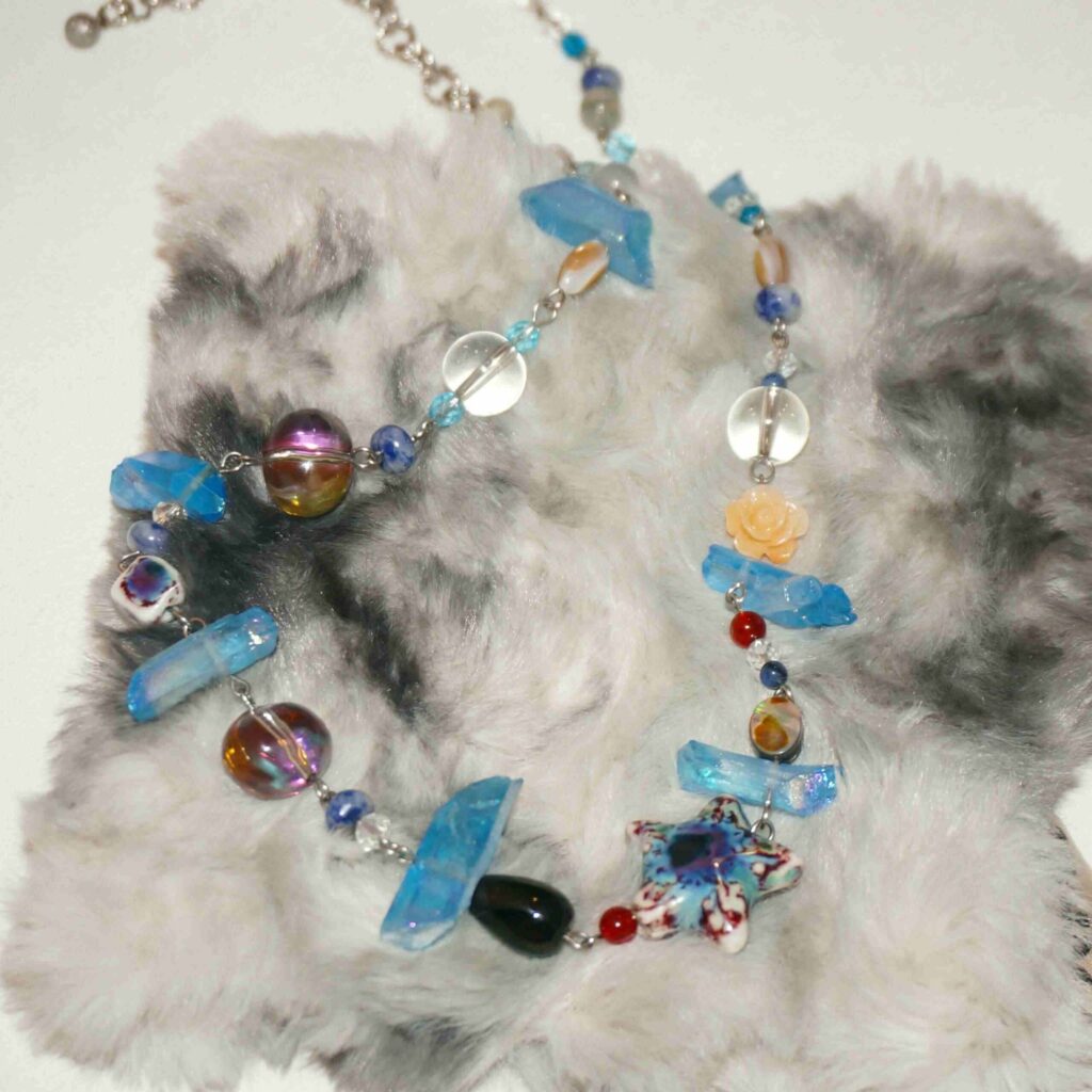 Noctelia Pearl Stainless Steel STAR OF THE SEA Necklace with Blue Beads and Star Charm, Handmade Ocean-Inspired Jewelry for Women