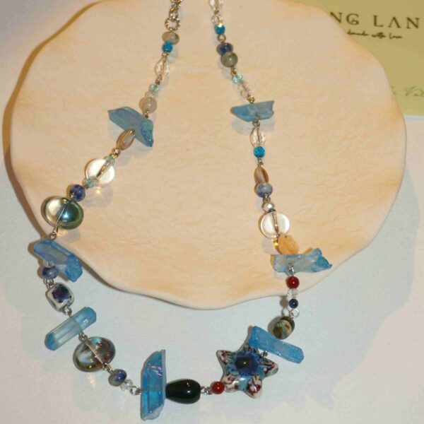 Noctelia Pearl Stainless Steel STAR OF THE SEA Necklace with Blue Beads and Star Charm, Handmade Ocean-Inspired Jewelry for Women