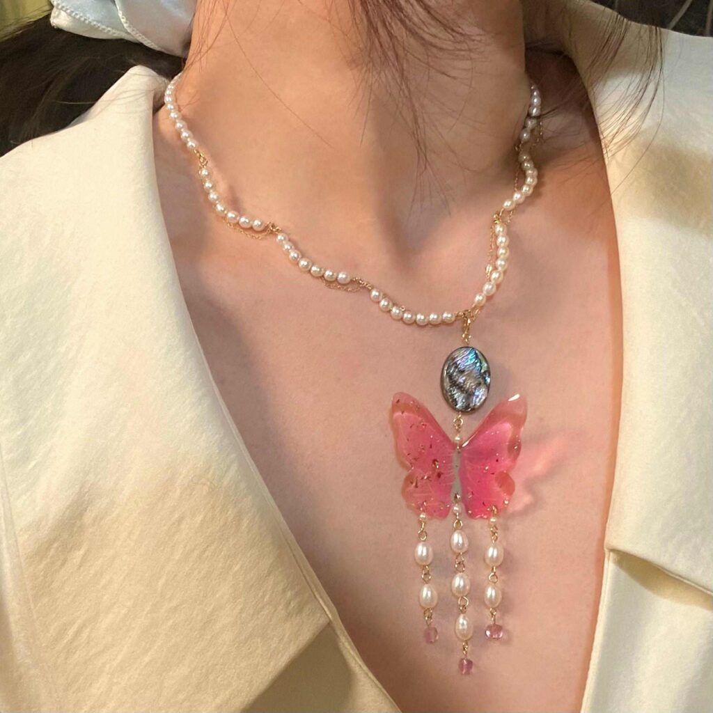 Noctelia Pearl 14K Gold-Filled DIANA Butterfly Pearl Necklace, Romantic Multi-Layered Handmade Jewelry for Women